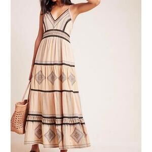 Anthropologie Robin Embroidered Spaghetti Strap Tiered Boho Maxi Dress Size 8